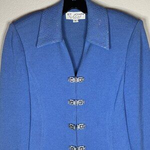 St. John Evening by Marie Gray Blue Knit Skirt Suit Sz 6 Crystal Closures